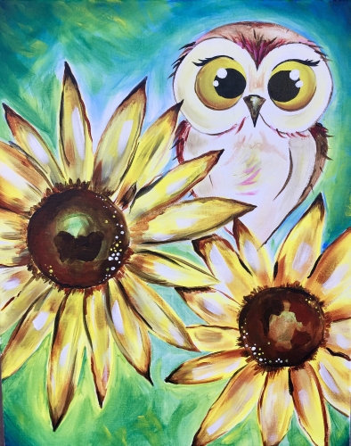 A The Owl and Her Sunflowers paint nite project by Yaymaker
