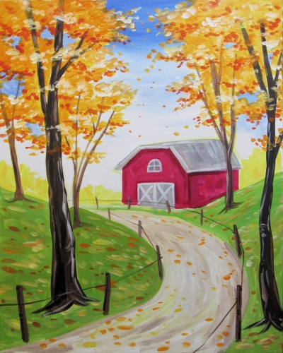 A Countryside Red Barn In Fall paint nite project by Yaymaker