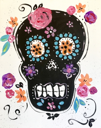 A Black Floral Skull paint nite project by Yaymaker