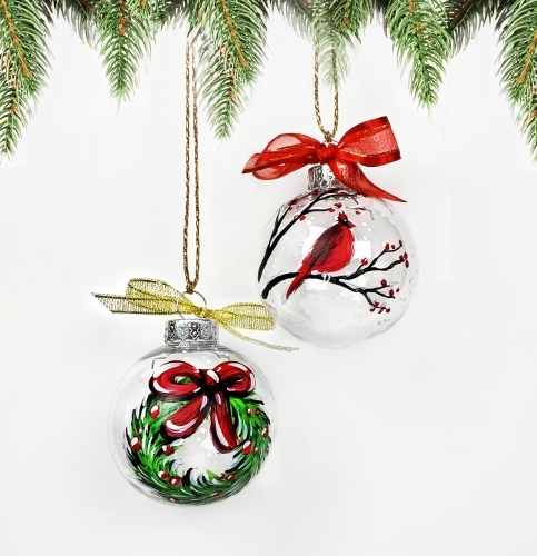 A Set of 2 Christmas Ornaments  Bird and Wreath paint nite project by Yaymaker