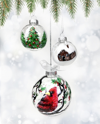 A Set of 3 Christmas Ornaments  1 Big Bird Small Tree Small House paint nite project by Yaymaker