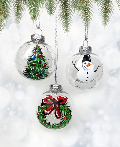 A Set of 3 Christmas Ornaments  Snowman Wreath Tree paint nite project by Yaymaker