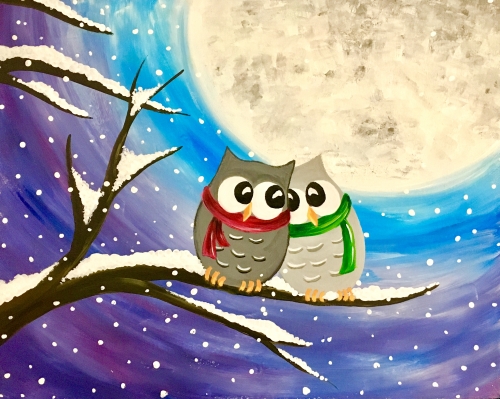 A Winter Owls in Snow paint nite project by Yaymaker