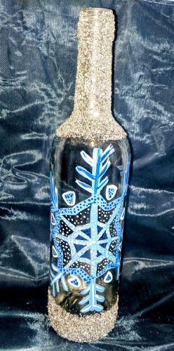 A Snowflake Wine Bottle paint nite project by Yaymaker