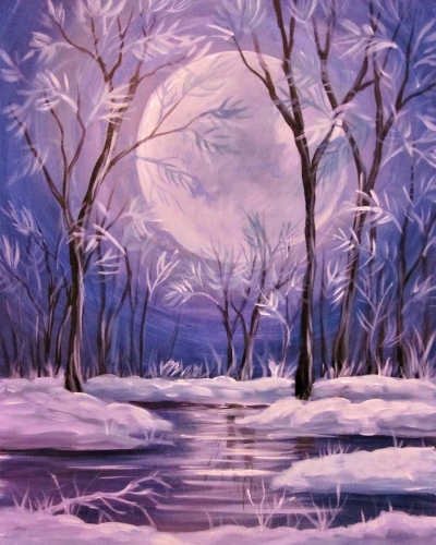 A Moonlit Fantasy Winter Forest paint nite project by Yaymaker