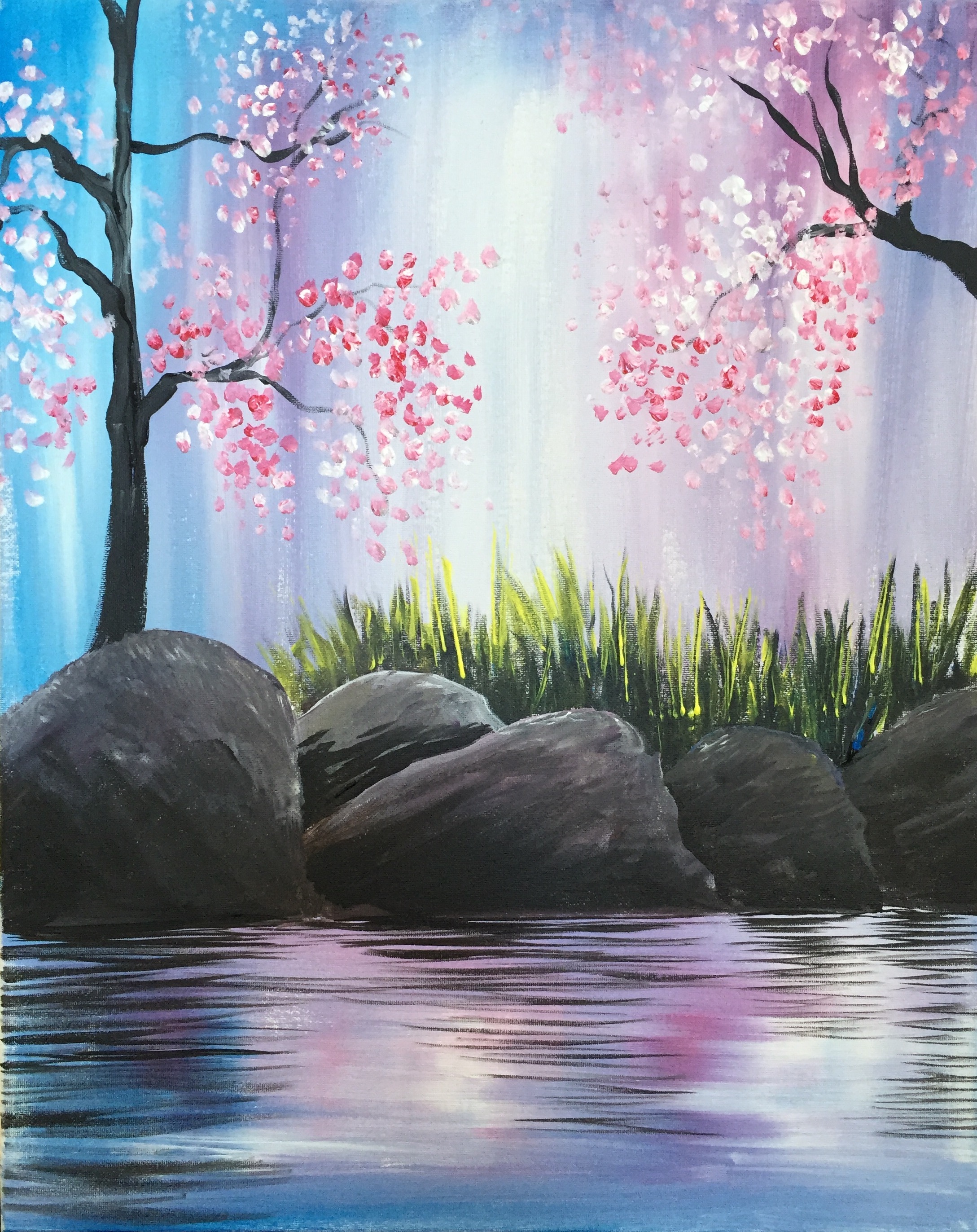 A Cherry Blossoms on the Rocks paint nite project by Yaymaker