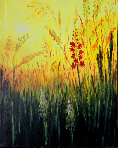 A Burning Grass Sunset With Red Flowers paint nite project by Yaymaker