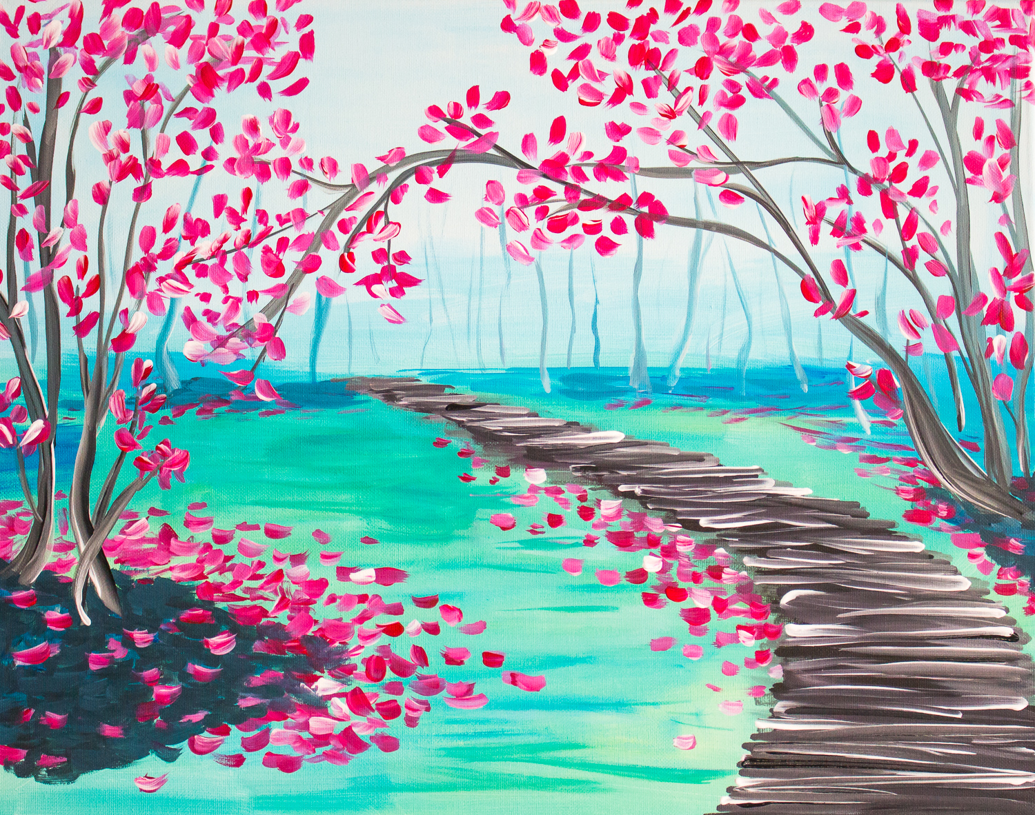 A Boardwalk and Blooming Forest paint nite project by Yaymaker