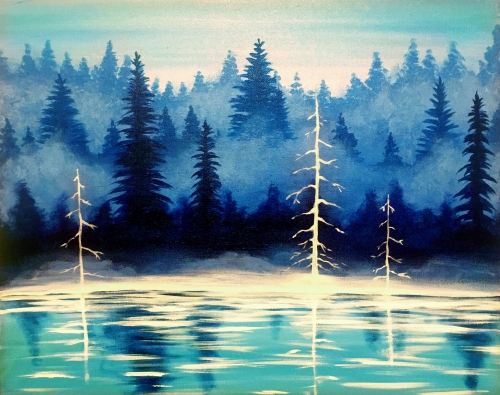 A Misty Forest Lake paint nite project by Yaymaker