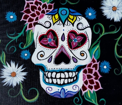 A Hearts and Flowers Skull paint nite project by Yaymaker