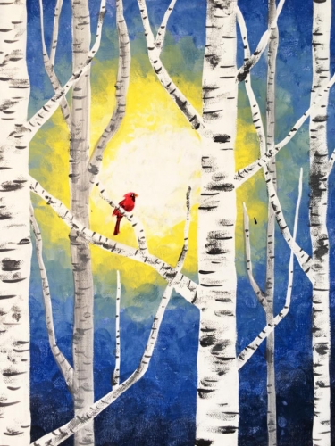 A Cardinal in the Birches vertical paint nite project by Yaymaker
