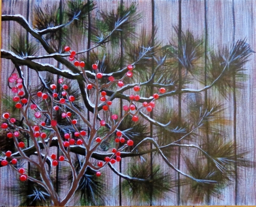 A Barn Board Berries  Evergreens in Winter paint nite project by Yaymaker