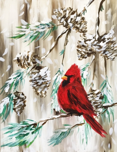 A Red Cardinal in a Winter Pine paint nite project by Yaymaker