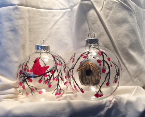A Winter Cardinal Tree Ornaments Glassware paint nite project by Yaymaker