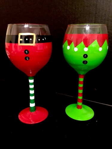 A Santa  Elf Wine Glasses paint nite project by Yaymaker