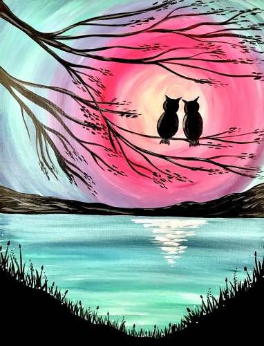 A Owl Lovers Lake paint nite project by Yaymaker