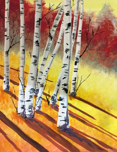 A Birch Trees at Sunset paint nite project by Yaymaker