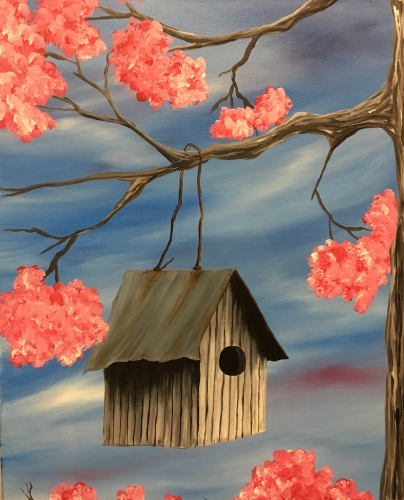 A Rustic Spring Birdhouse paint nite project by Yaymaker
