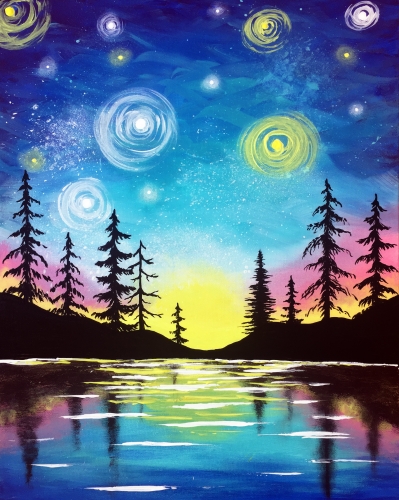 A Starry Lake Sunset paint nite project by Yaymaker