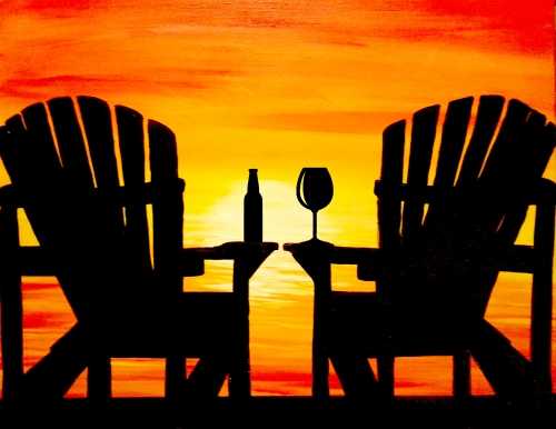 A Muskoka Chairs Sunset with Drinks paint nite project by Yaymaker