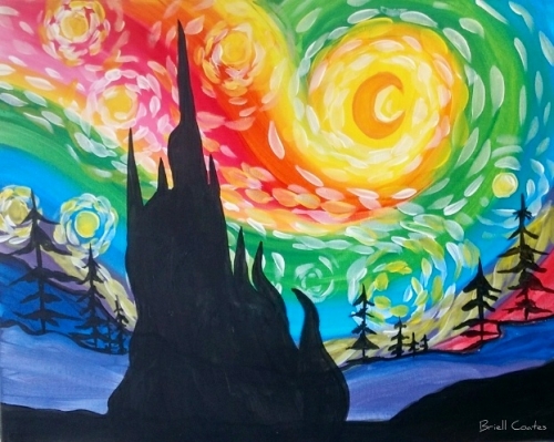 A Rainbow Starry Night Delight paint nite project by Yaymaker