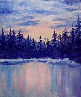 A Pine Trees on Frozen Lake paint nite project by Yaymaker