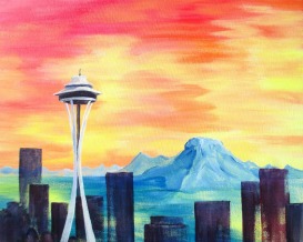 A Space Needle Sunset paint nite project by Yaymaker