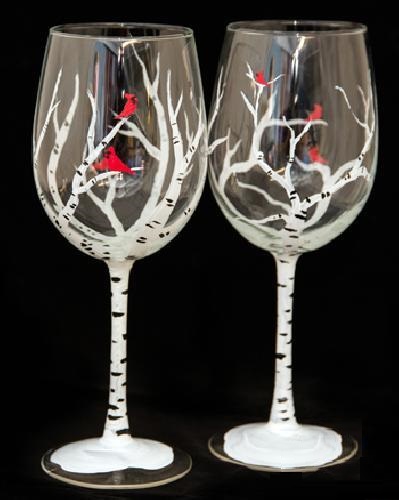 A Winter Birches Wine Glasses paint nite project by Yaymaker