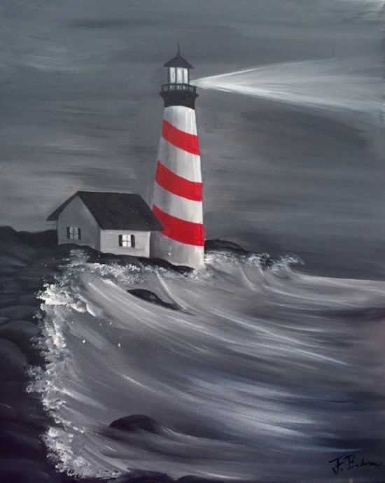 A Lighthouse at Nighttime paint nite project by Yaymaker