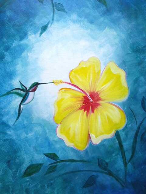 A Hibiscus and Hummingbird paint nite project by Yaymaker