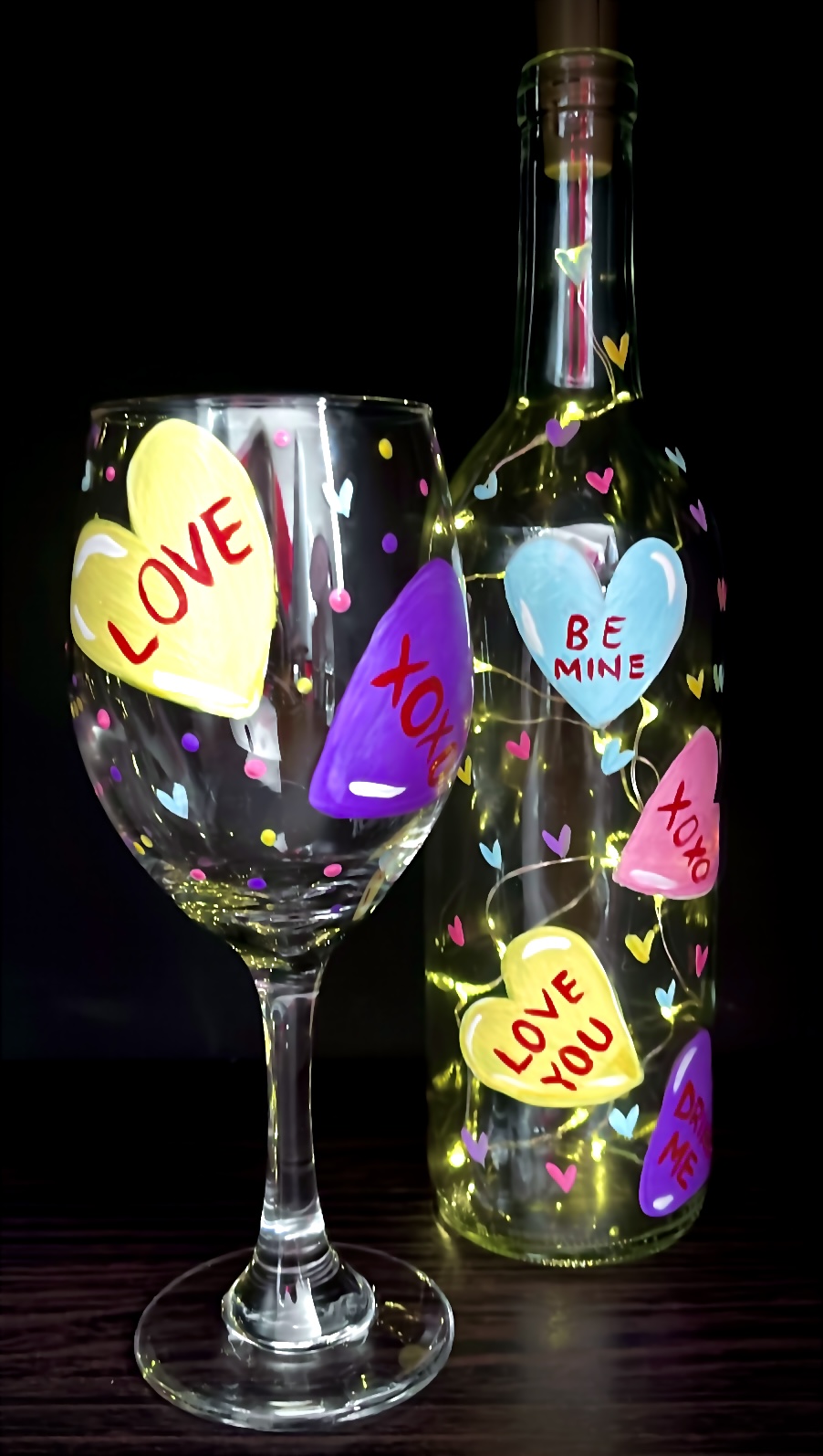 A Candy Love Wine glass and Wine Bottle with Fairy lights  experience project by Yaymaker