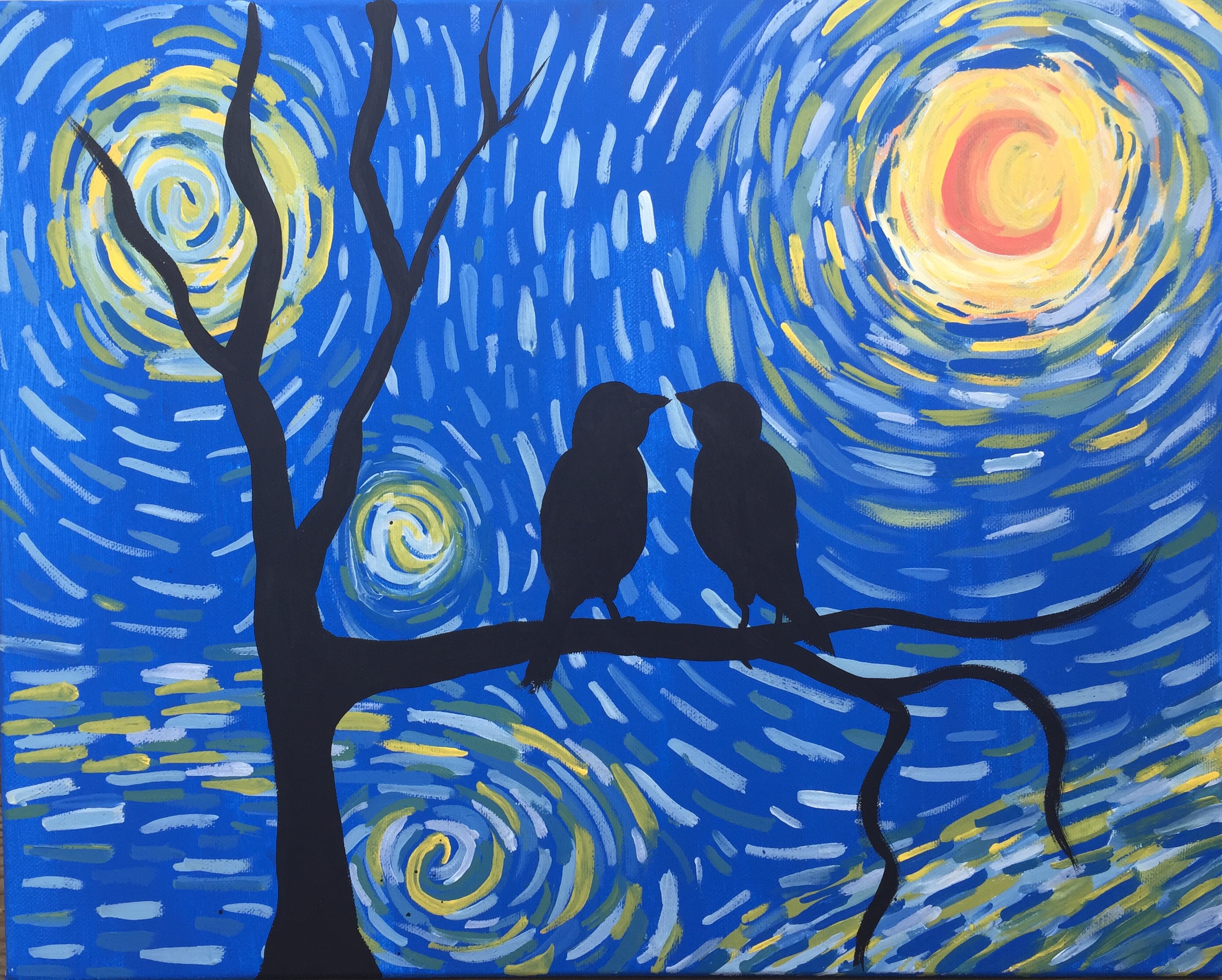 A Starry Night Love Birds paint nite project by Yaymaker