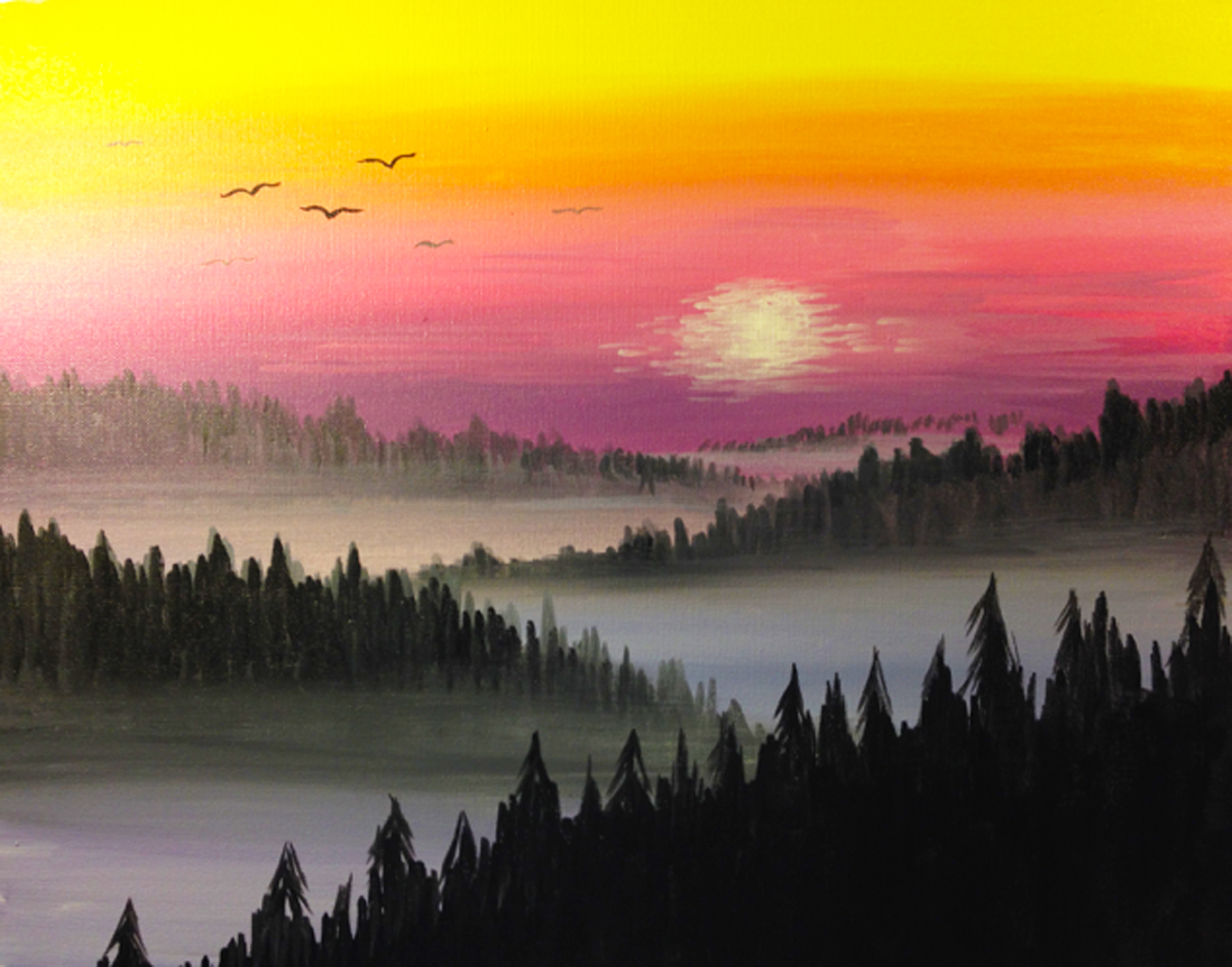 A Misty Mountain Sunrise paint nite project by Yaymaker