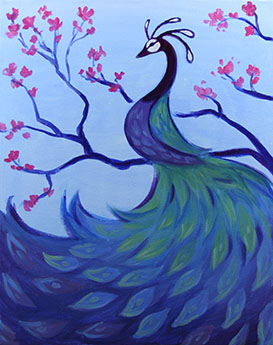 A Peacock and Blossoms paint nite project by Yaymaker
