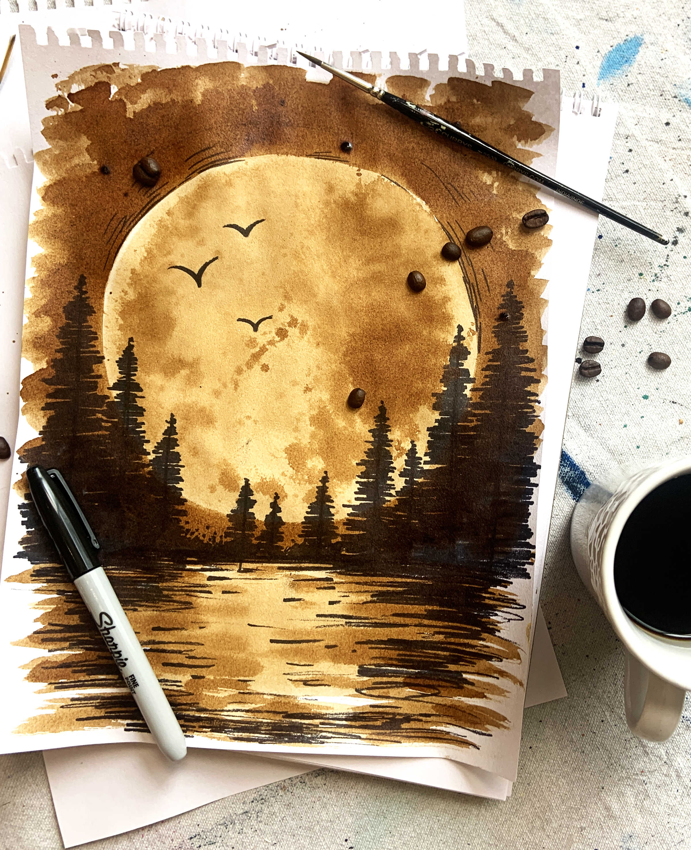 A Full moon painting using instant coffee and sharpie  Virtual Event experience project by Yaymaker